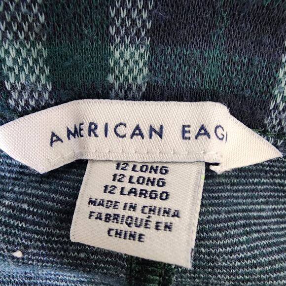 American Eagle Womens Flare Pants 12 Long Green Blue Plaid Knit Super Hi-Rise - Picture 8 of 11